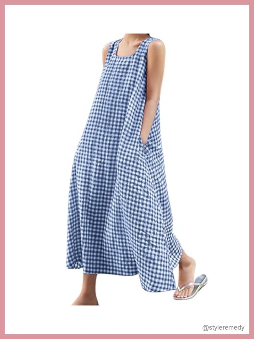 Women's 100% Cotton Plaid Tank Maxi Dress with Pockets Loose Fit